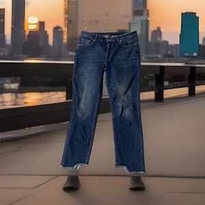 H&M Divided Womens High Rise Distressed Straight Leg Jeans Frayed Hem Button Fly